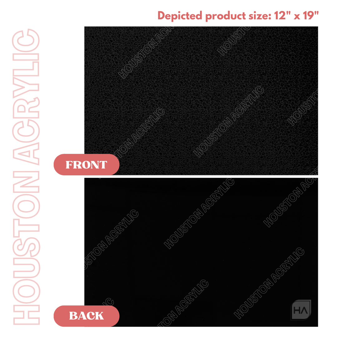 1/8" Black Matte Leopard Texture MakerPrint on black matte acrylic full size sheet front vs back view