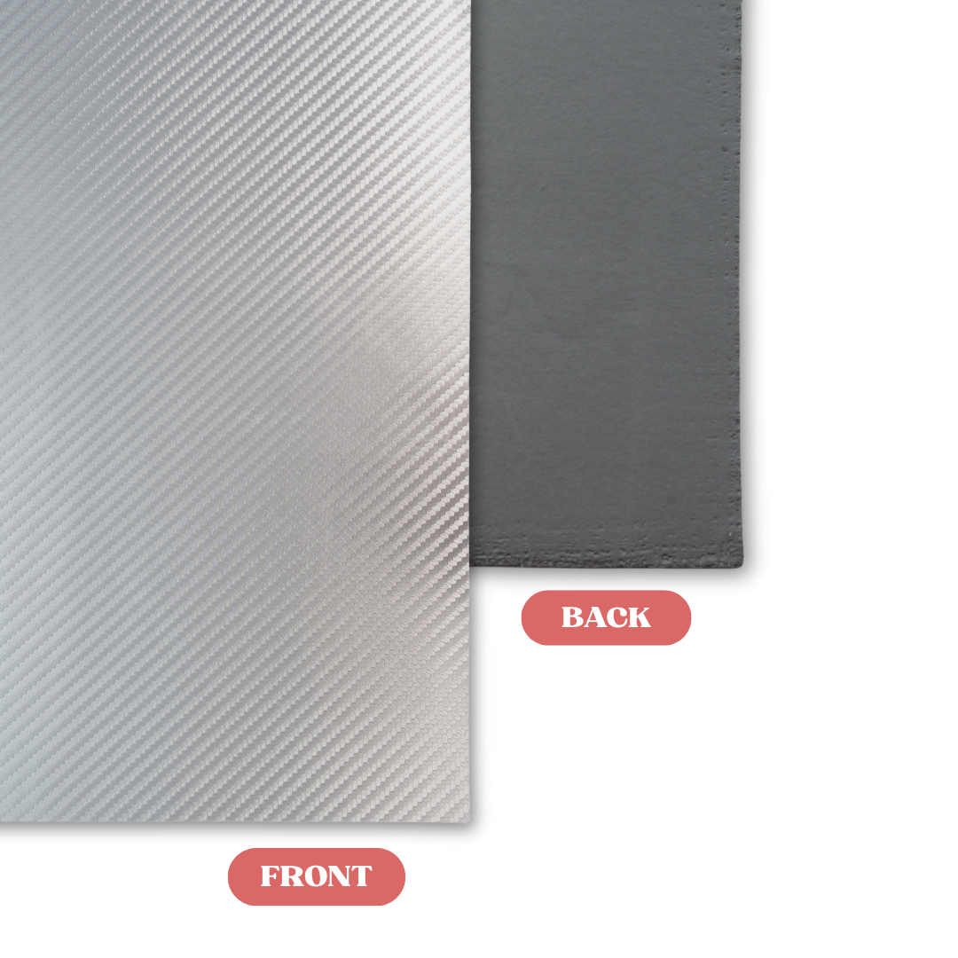Silver Carbon Fiber/Black Laserable Leatherette Sheet Front vs Back Comparison