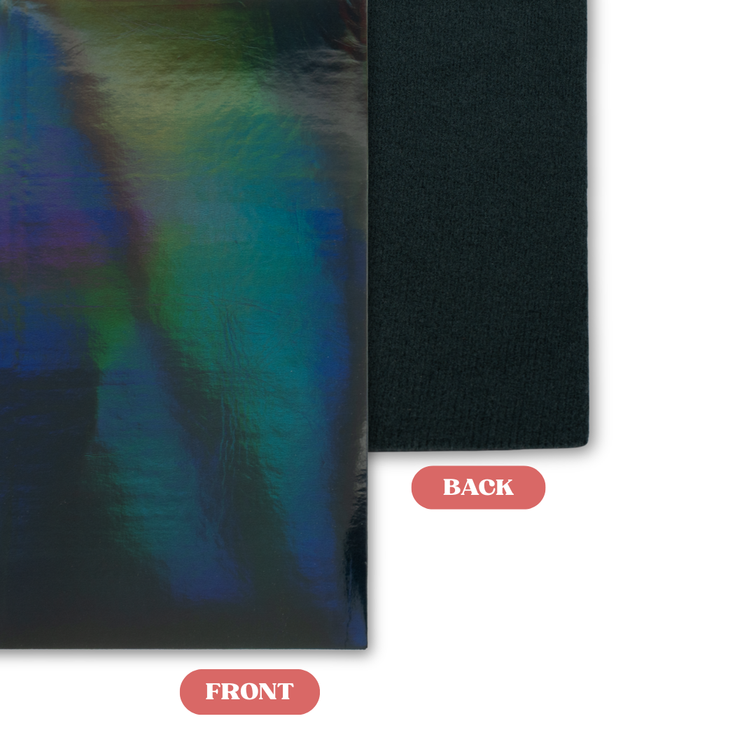 Holographic Midnight/Black MakerLeatherette Laserable Leatherette Sheet Front and Back Comparison