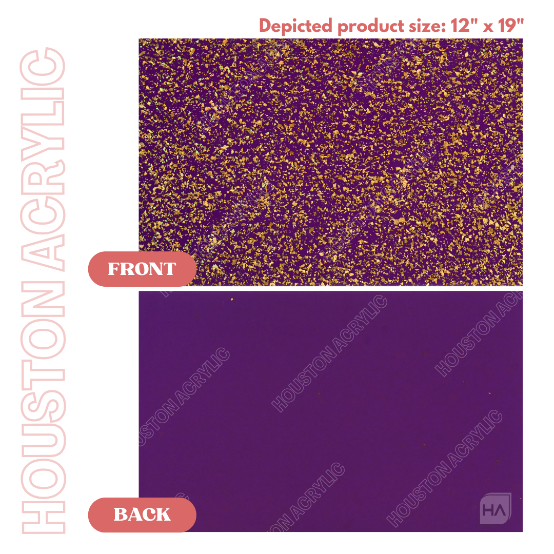 1/8" Purple and Gold Holographic Flakes Cast Acrylic Sheet Front and Back Comparison