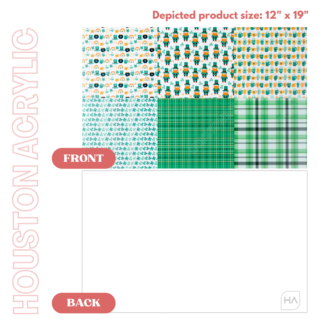 1/8" St. Patrick's Day MakerPrint Sample Sheet front vs back view on a white cast acrylic sheet