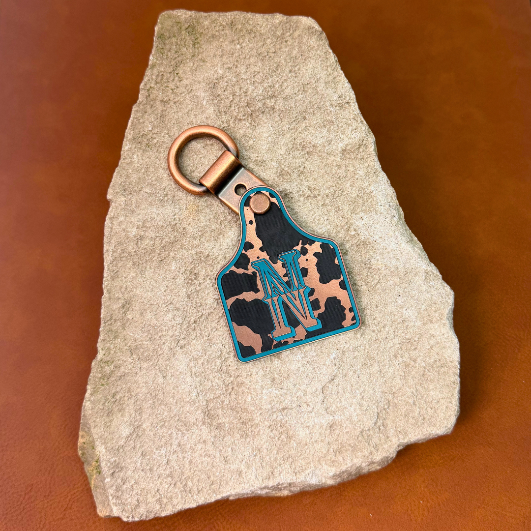 Copper/Black/Turquoise Trilayer Acrylic Sheet Engraved Country Western Cowhide Keychain Cowtag