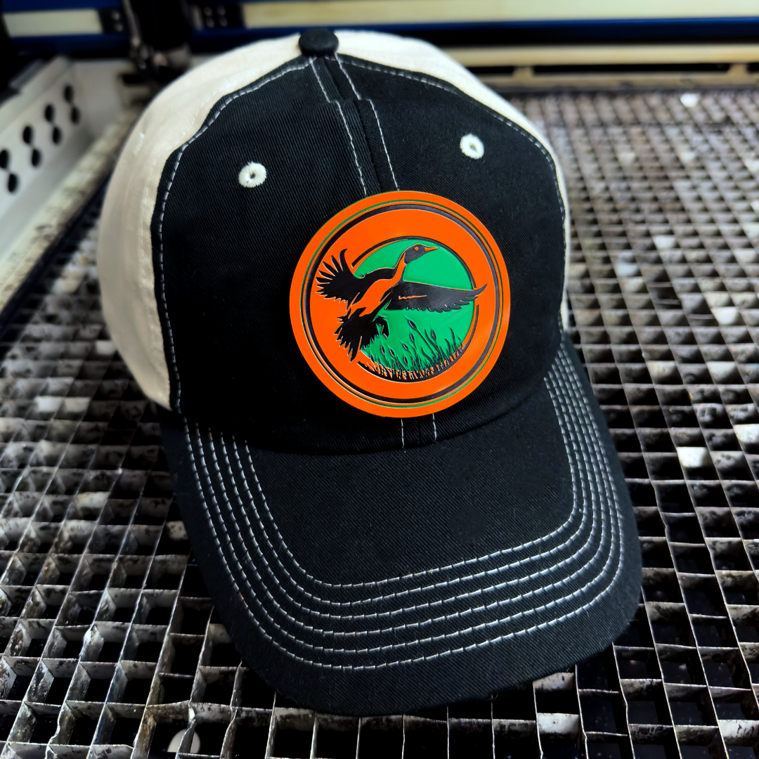 Orange to Black to Green Trilayer Acrylic Sheet laser cut and laser engraved duck hunting hat patch