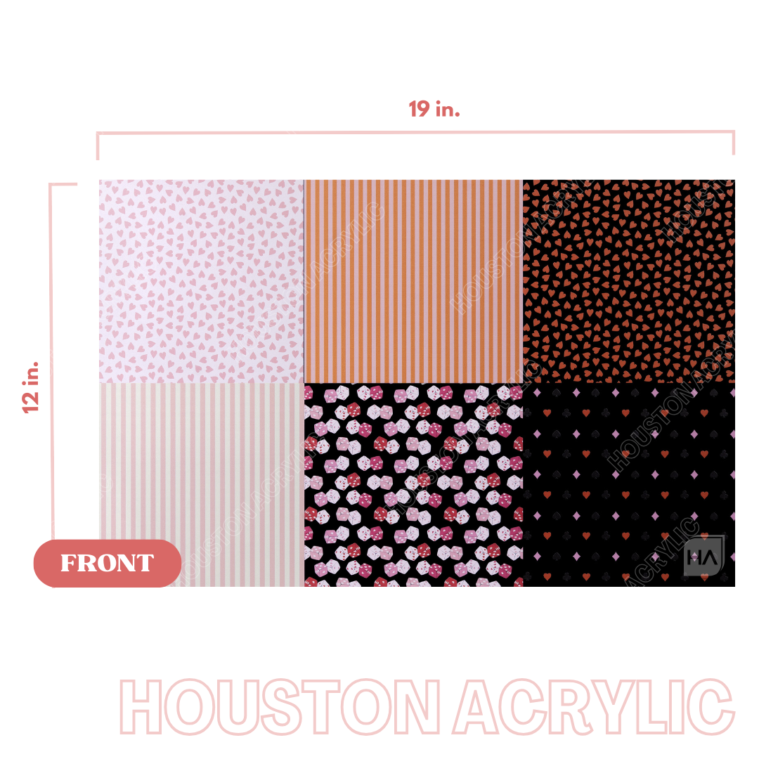 1/8" Valentines MakerPrint Sample Sheet on a black cast acrylic sheet core