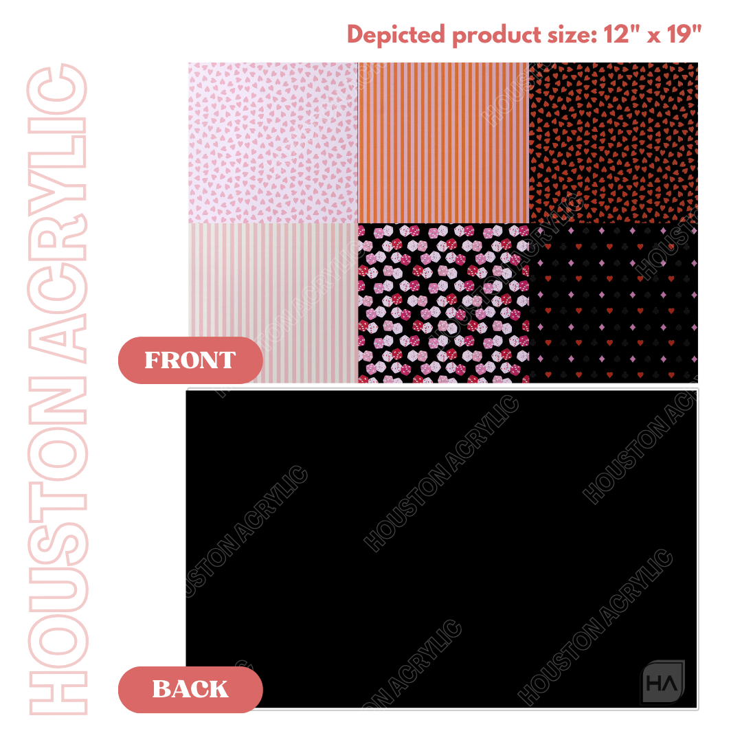 Valentine's Day Sample MakerPrint Front and Back Comparison on black cast acrylic sheet core