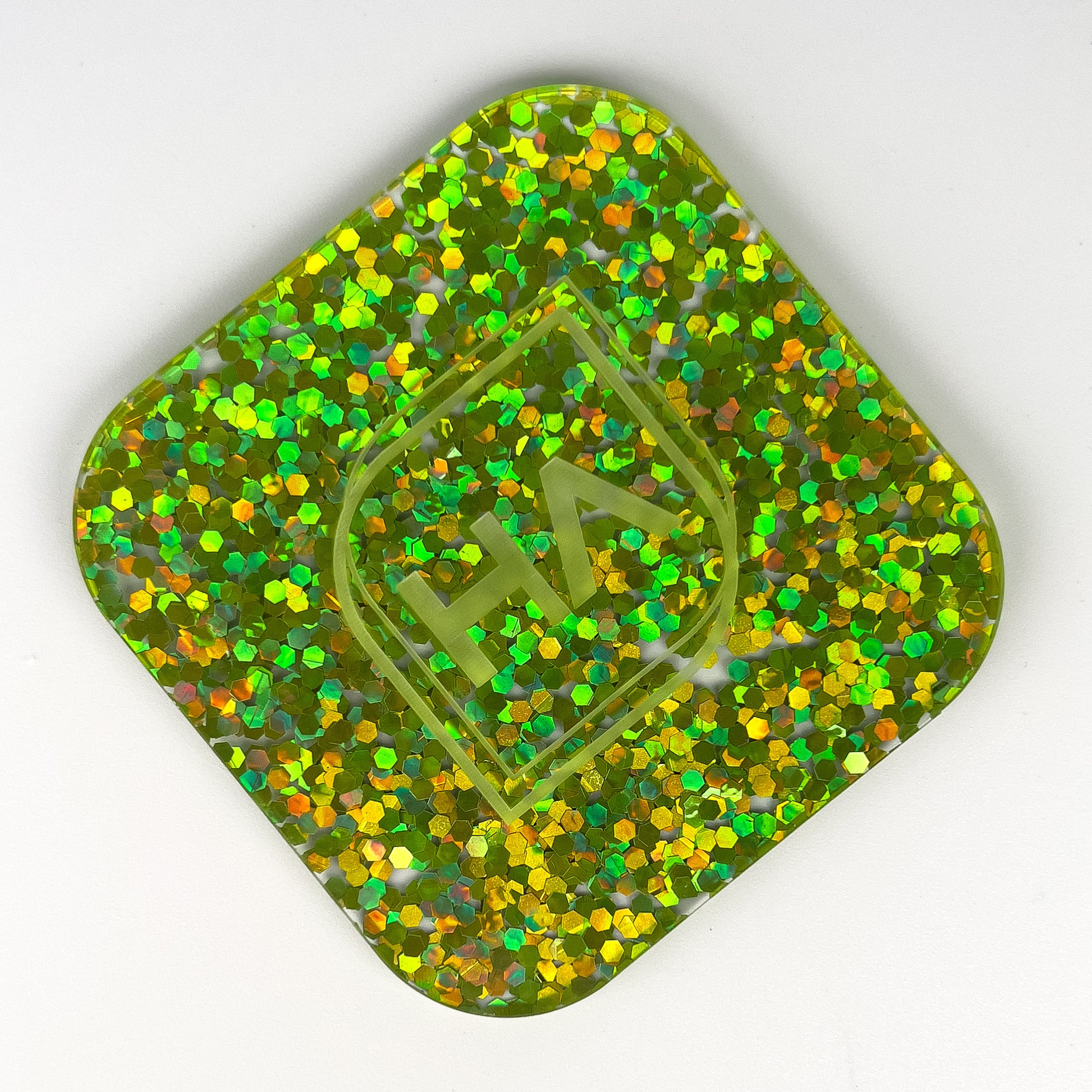 lime green holographic chunky hex cast acrylic sheet