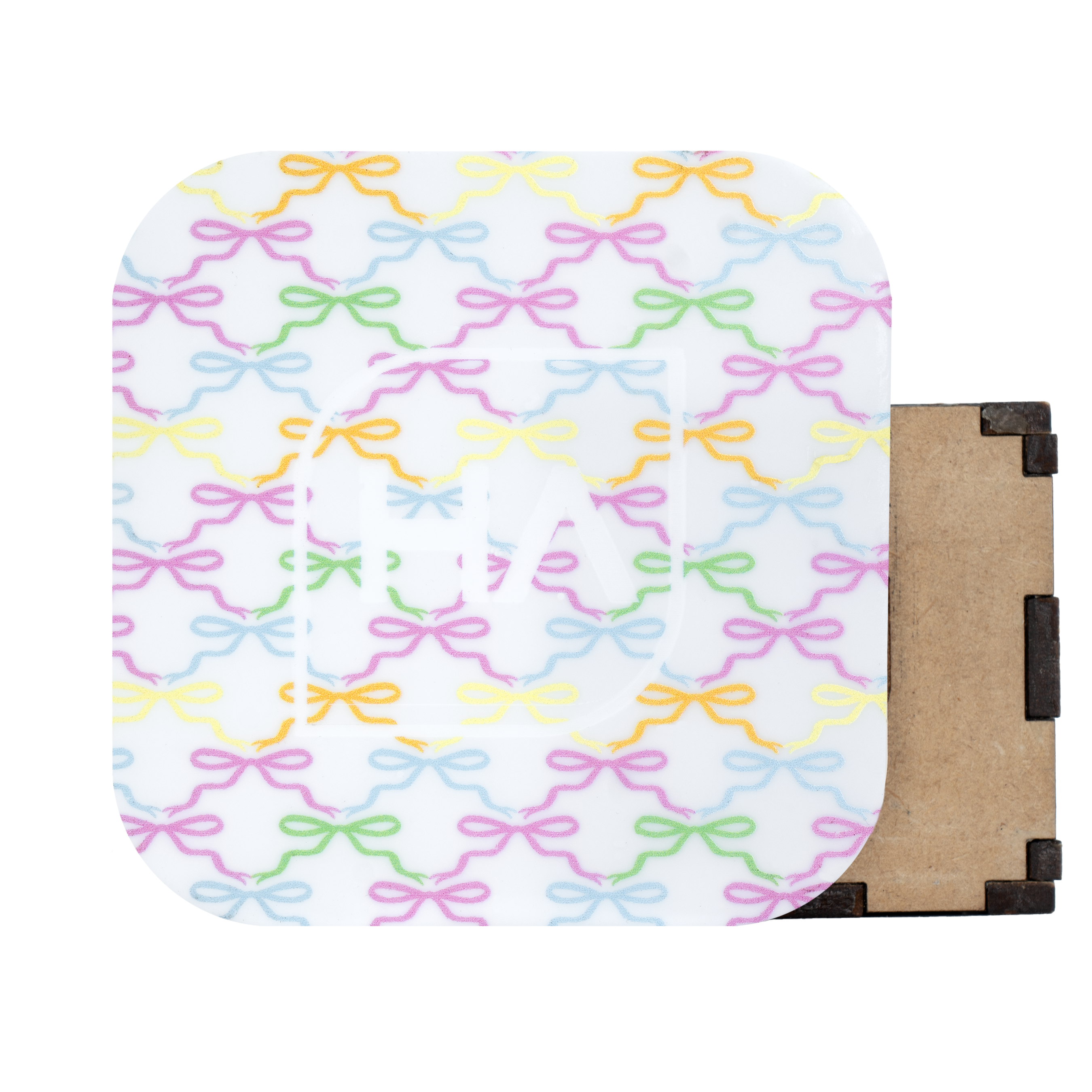 1/8" Pastel Bows MakerPrint on a white core cast acrylic sheet