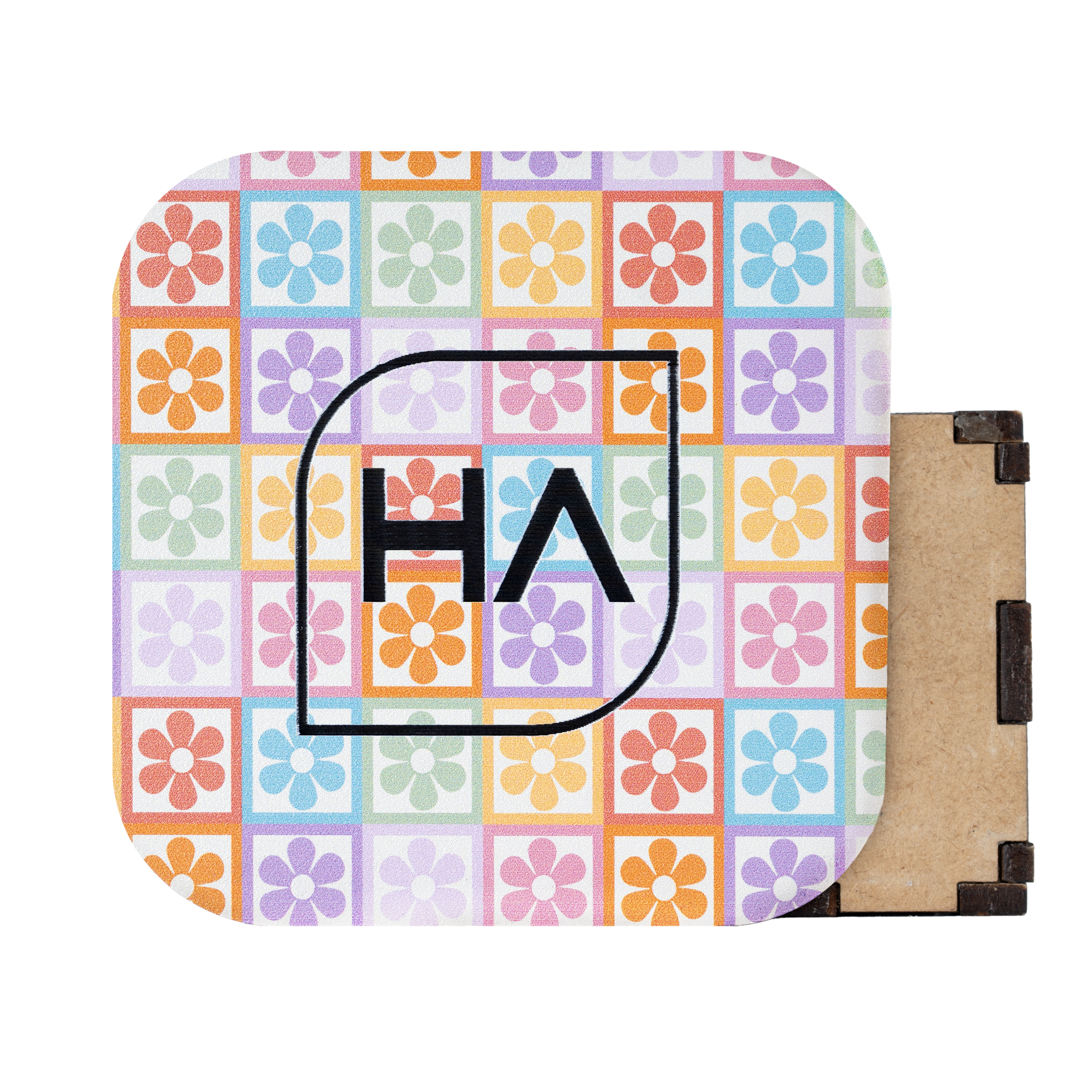 1/8" Rainbow Retro Flowers MakerPrint on a black core cast acrylic sheet