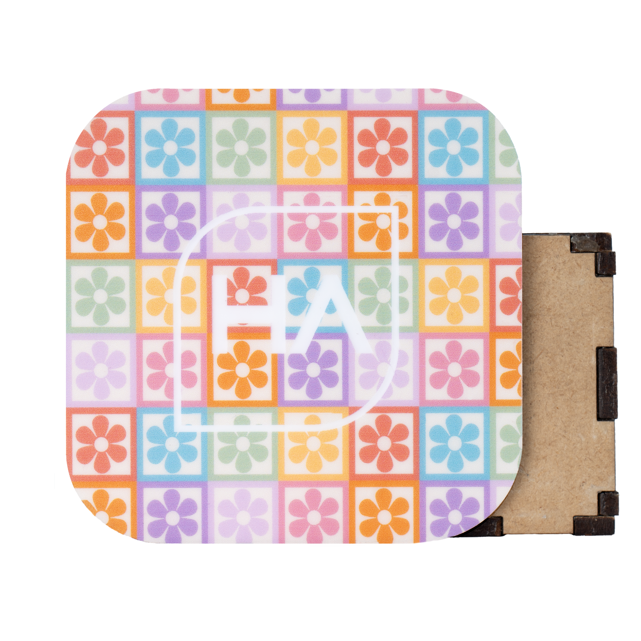 1/8" Rainbow Retro Flowers MakerPrint on a white core cast acrylic sheet