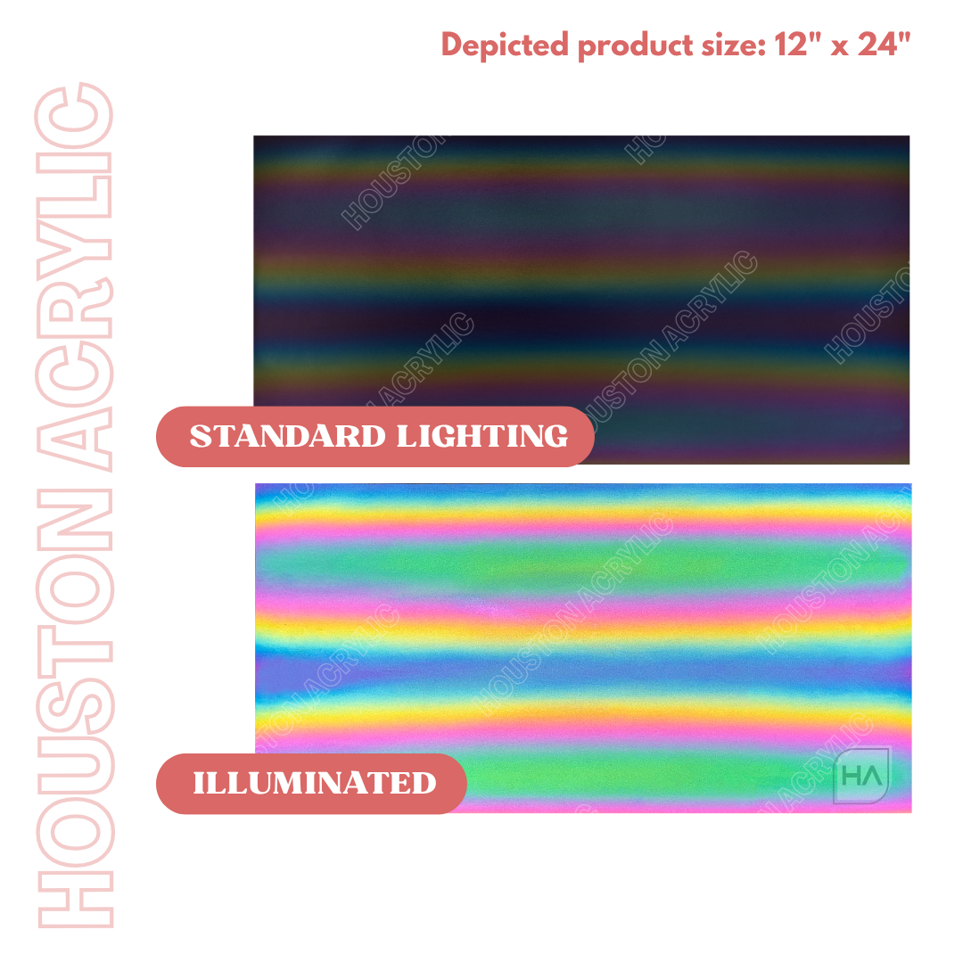Reflective Rainbow/Black MakerLeatherette Sheet Standard vs. Illuminated Lighting