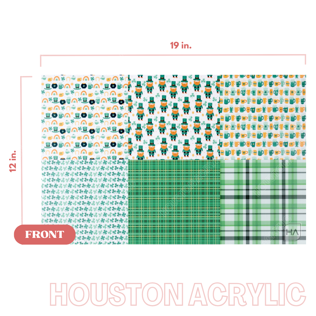 1/8" St. Patrick's Day MakerPrint Sample Sheet  Full size view on a white cast acrylic sheet core