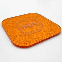 Load image into Gallery viewer, orange jelly shimmer glitter cast acrylic sheet laser safe
